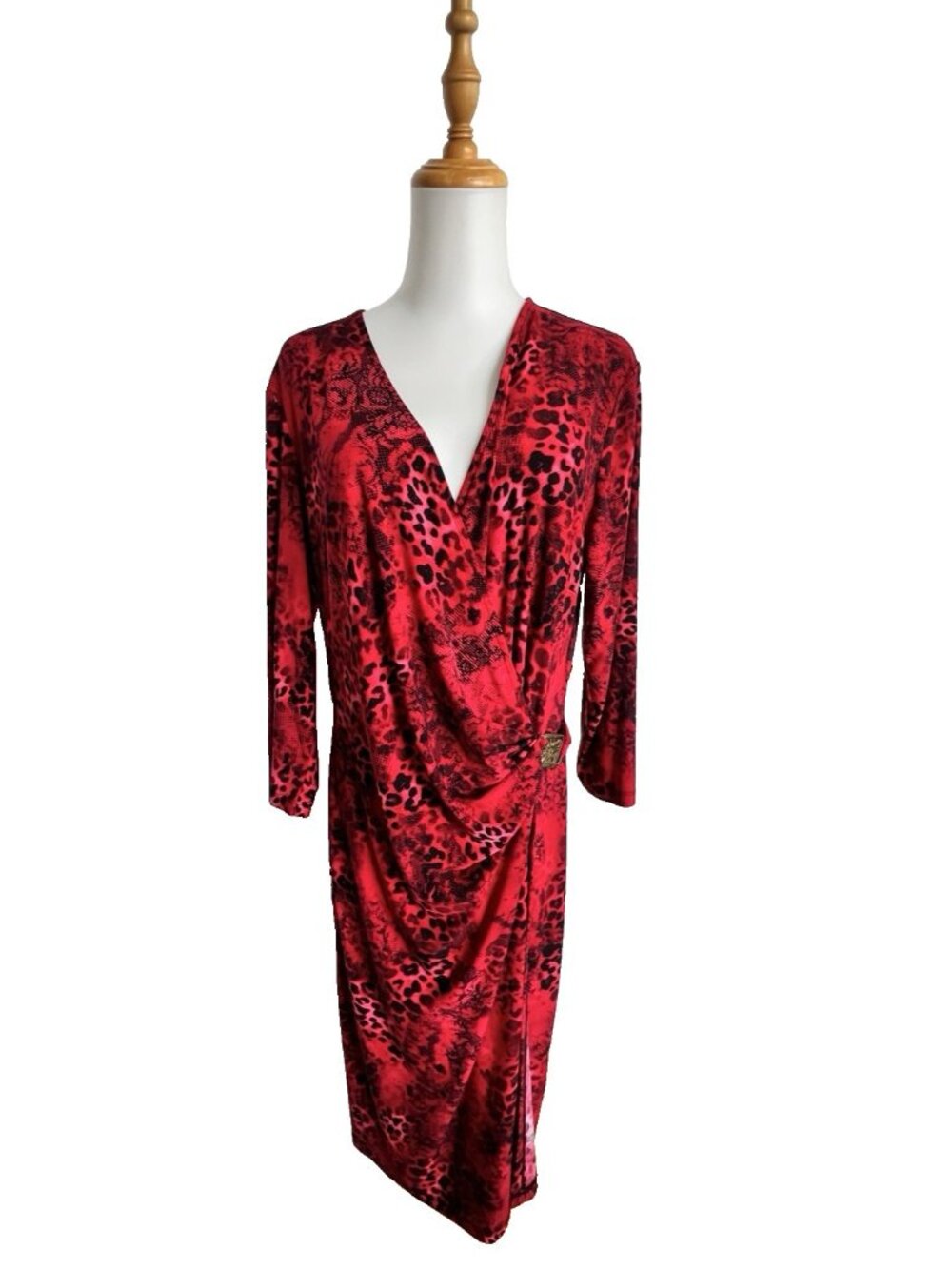 ANNE KLEIN Women's Size 16 Dress Red Black Animal Print 3/4 Sleeve Gold Lion